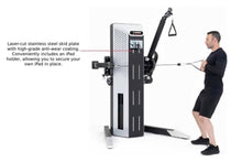Load image into Gallery viewer, Person using a fitness machine with text about a laser-cut stainless steel skid plate.