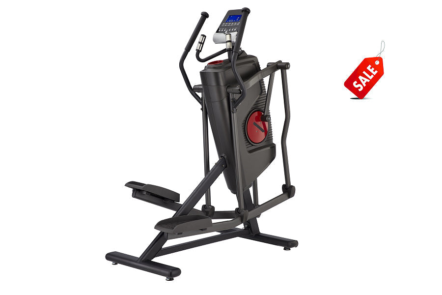 Black elliptical exercise machine with digital display console, moving handles, red fan wheel, and footrest platform on white