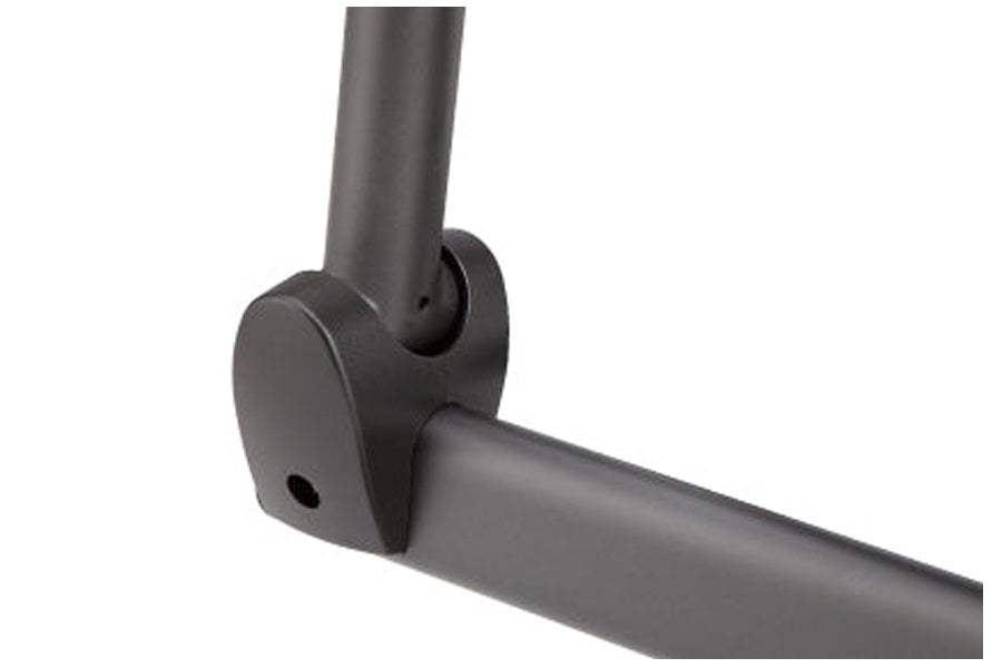 Black metal joint connector of elliptical machine with vertical post and horizontal rail on white background