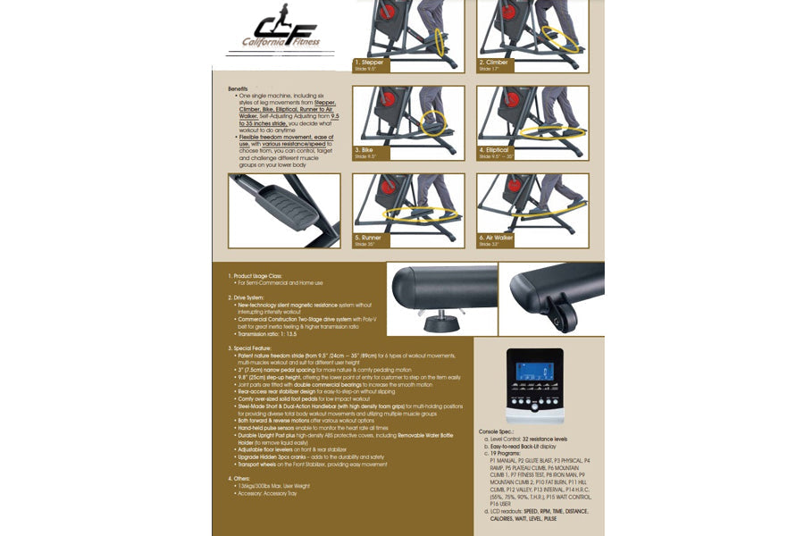 California Fitness AM3 Adaptive Motion Elliptical machine with black frame, red accents, yellow foot pedals, and digital cons
