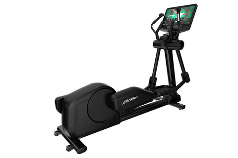 Black elliptical cross-trainer with digital console, foot pedals, and stationary handles on white background