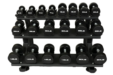Warrior Elite Urethane Pro-Style Dumbbell Set w/ Pro Saddle Rack (5-50lbs) (🏃IN-STORE SPECIAL)
