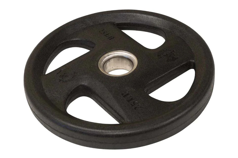 Black rubber Olympic weight plate with three grip cutouts and chrome center collar on white background
