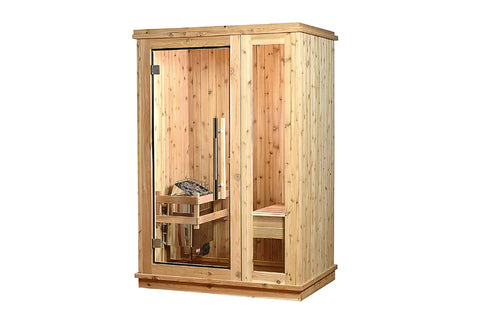 Wooden sauna with glass doors on a white background
