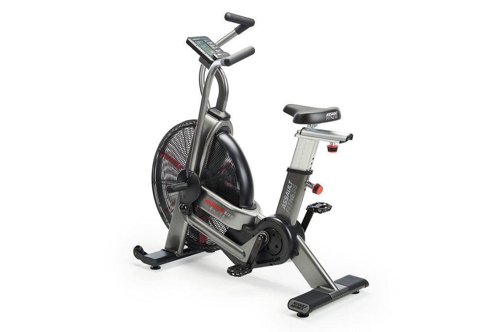 Assault Elite Air Bike with gray and black frame, digital console, dual handles, and large fan wheel on white background