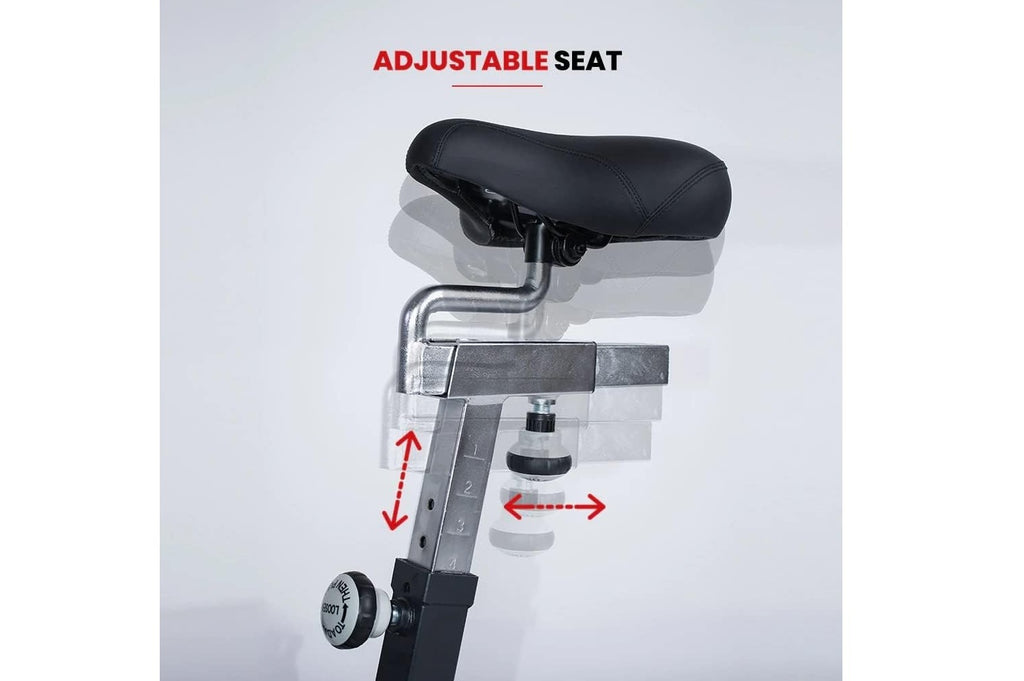 Adjustable black padded seat with metal bracket showing vertical and horizontal adjustment arrows on exercise bike post