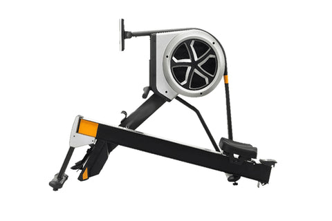 Black and white hybrid rowing machine with large fan wheel, extended seat rail, and foot pedals on white background