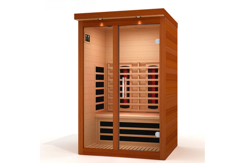 Wooden sauna with glass doors