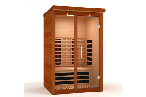 Wooden sauna with glass doors