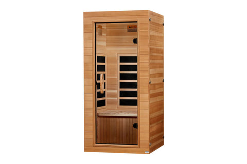 Wooden sauna with glass door