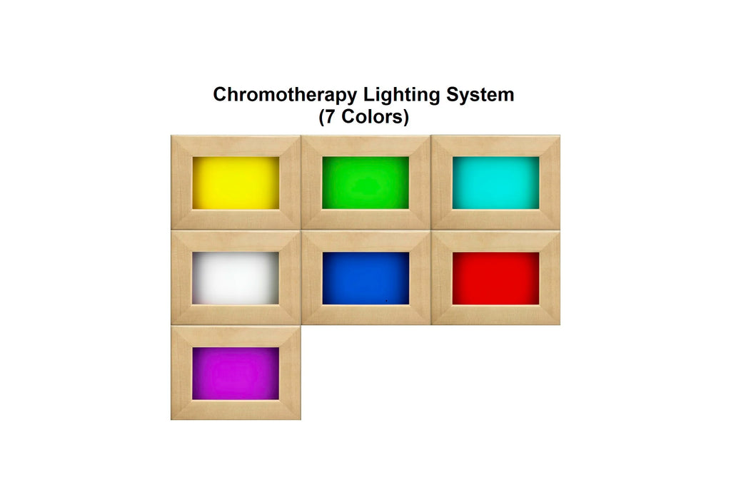 Chromotherapy lighting system with seven color options displayed in natural wood panels: yellow, green, cyan, white, blue, re