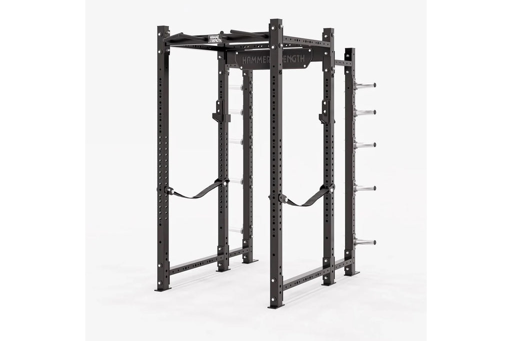 Black steel Hammer Strength power rack with multiple perforated ...