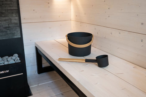 Harvia Sauna Pail w/Black Aluminum Ladle (Black Steel/Aluminum)