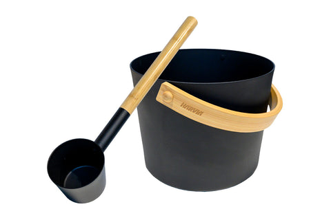 Harvia Sauna Pail w/Black Aluminum Ladle (Black Steel/Aluminum)