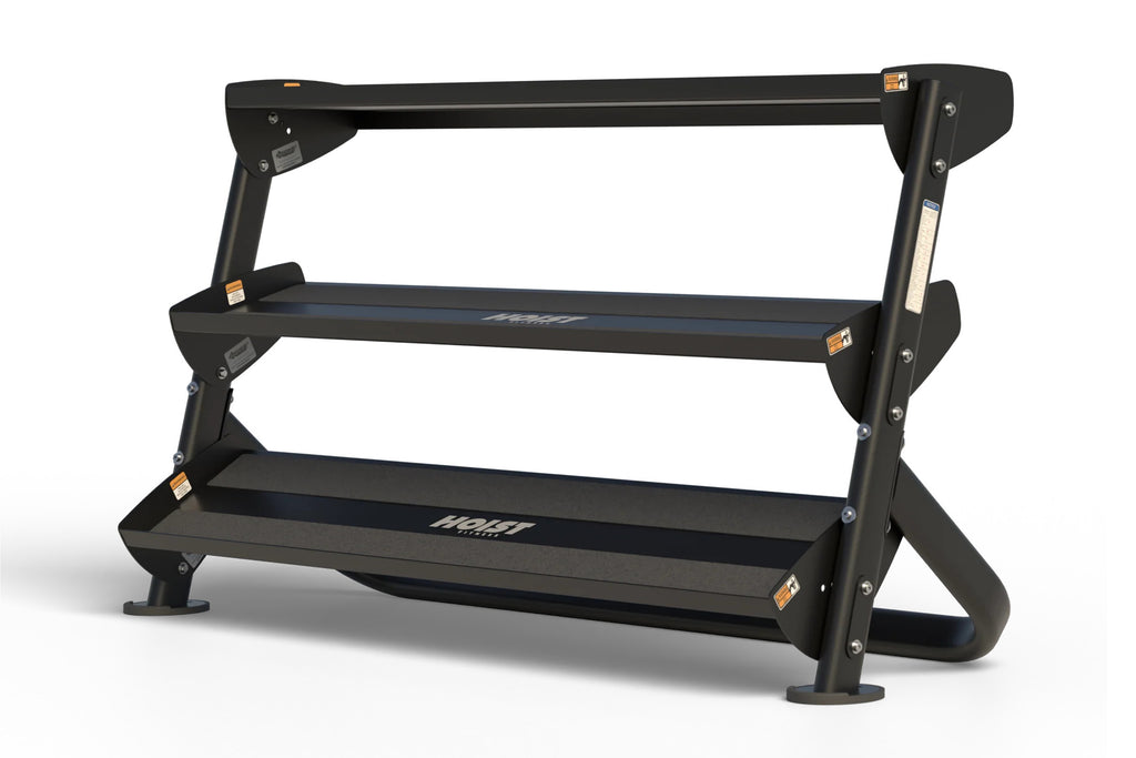 Black three-tier dumbbell rack with angled uprights and blue-trimmed ...