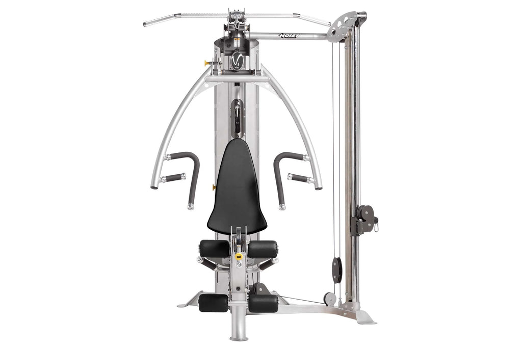 Hoist V1-Elite home gym with silver frame, black seat and handles, front-facing view on white background