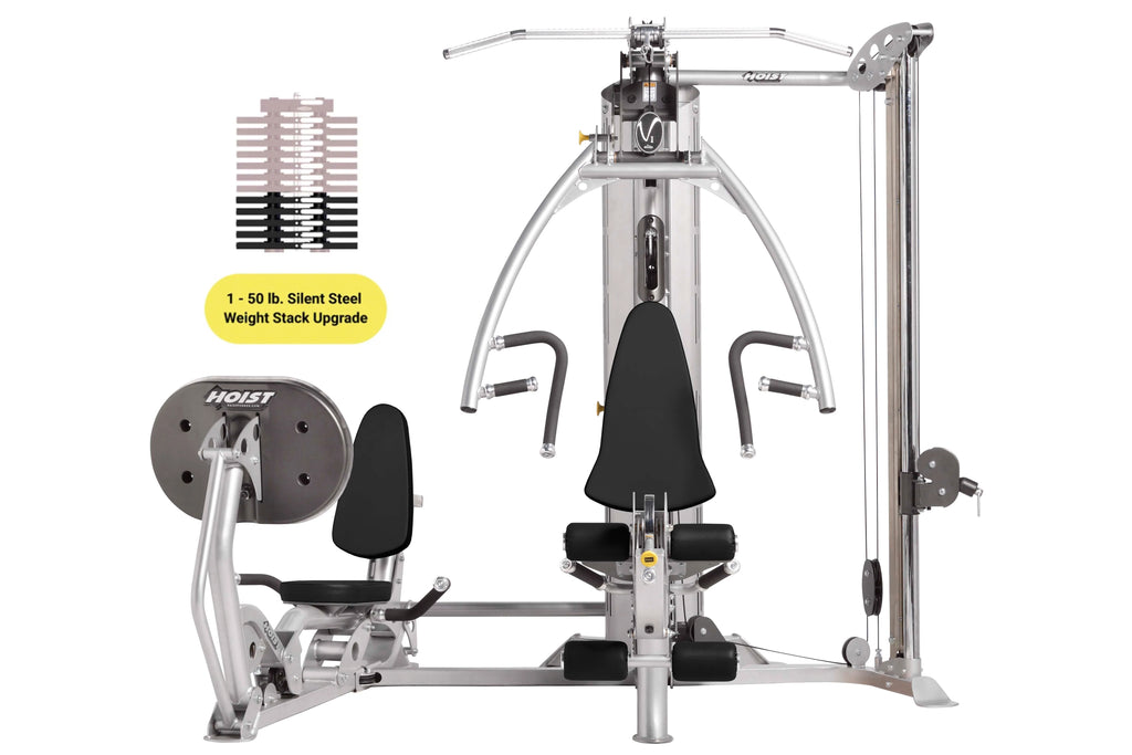 Hoist V1-Elite home gym with dual stations featuring silver frame, black padded seats and handles, includes 1-50 lb silent st