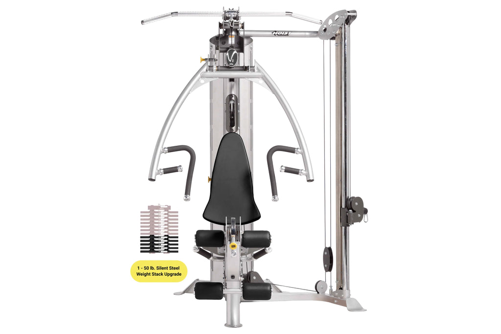 Hoist V1-Elite home gym with silver frame, black seat and handles, front view on white background