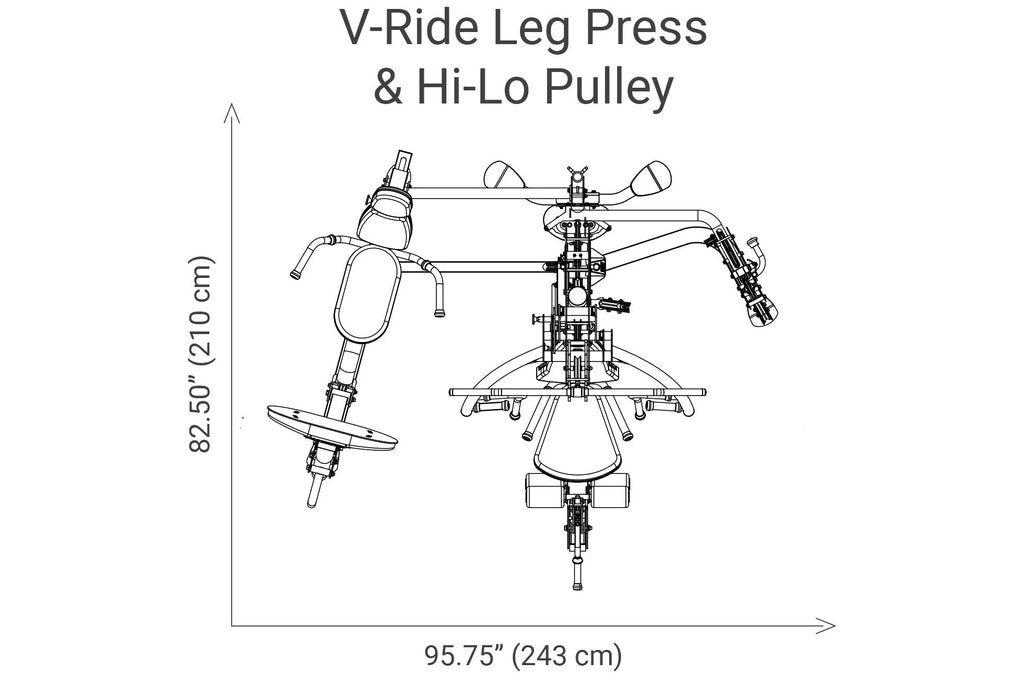 V-Ride Leg Press and Hi-Lo Pulley home gym equipment diagram with dimensions shown in black line drawing on white background