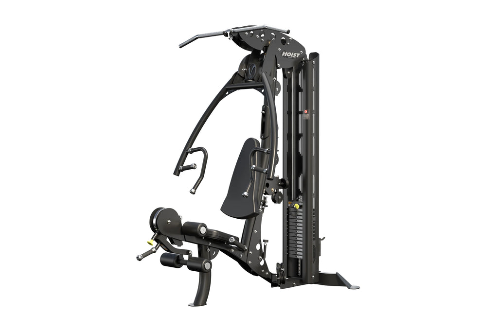 Black Hoist V1-Elite home gym machine with integrated weight stack and multiple exercise stations on white background