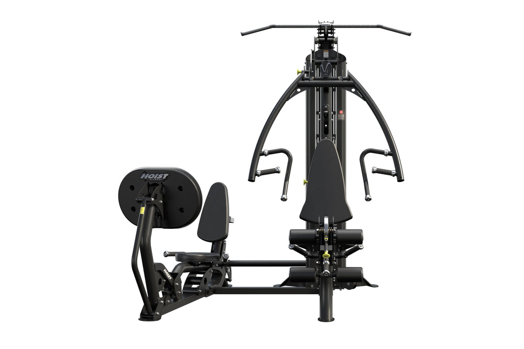Black Hoist V1-Elite home gym with dual weight stacks, leg press station on left, chest press station on right, and overhead 