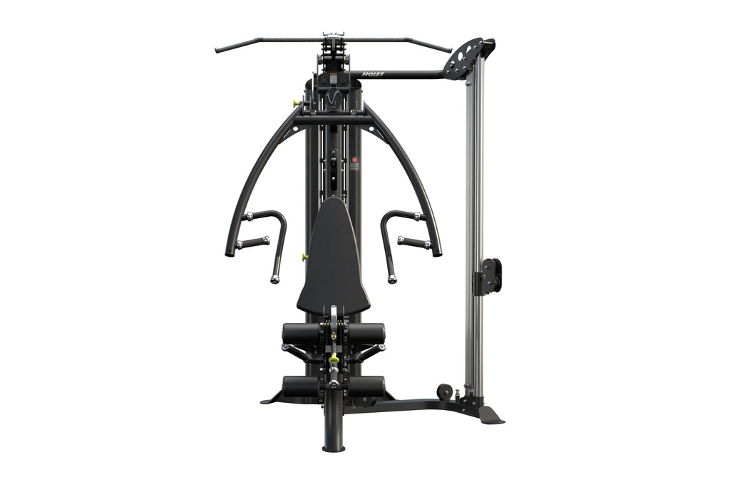 Hoist V1-Elite black multi-station home gym with dual cable towers, chest press arms, and adjustable seat on white background