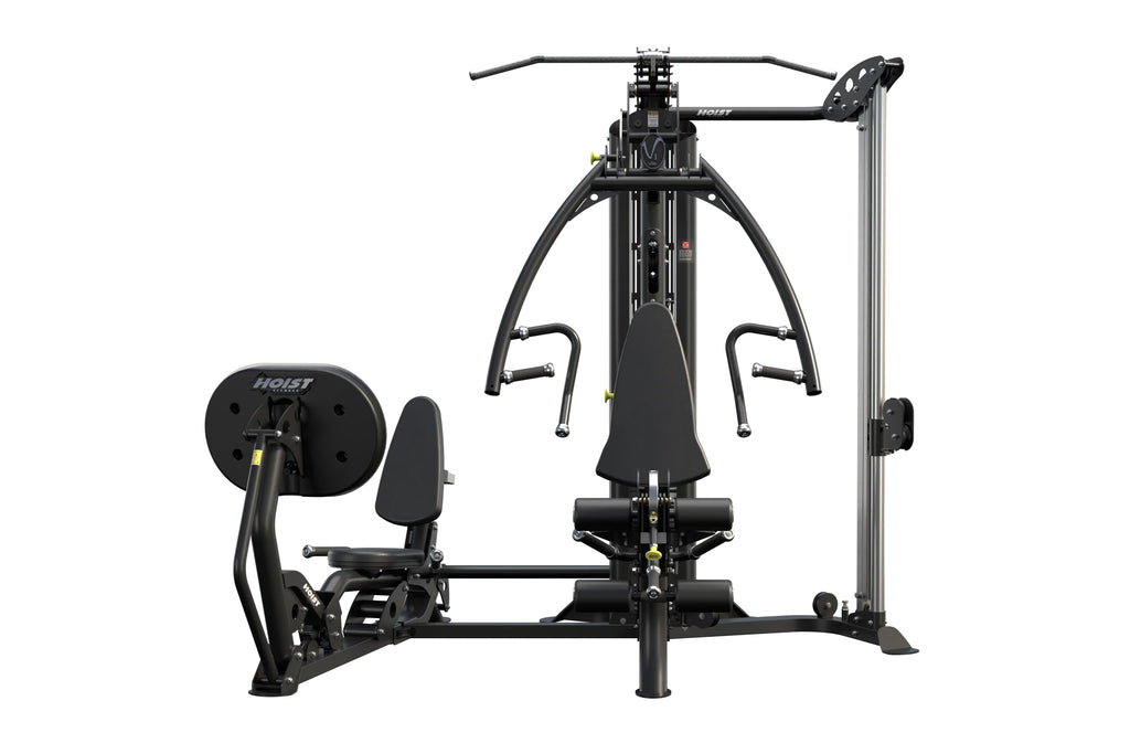 Black Hoist V1-Elite home gym with dual weight plate pegs, adjustable seat, overhead pull-down bar, leg press station, and ca