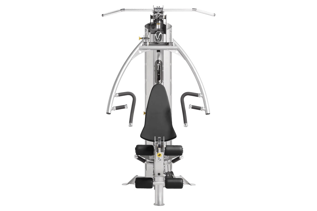 Hoist V1-Elite home gym with silver metal frame, black padded seat and handles, dual weight stack arms, viewed from front on 