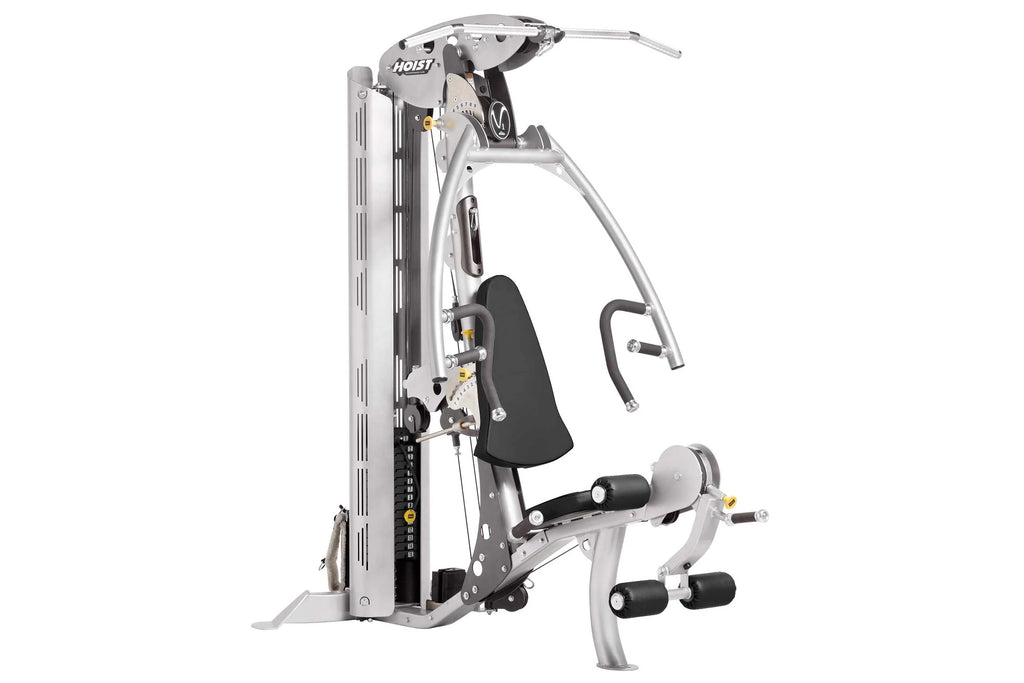 Hoist V1-Elite home gym machine with silver frame, black padding, and weight stack on white background