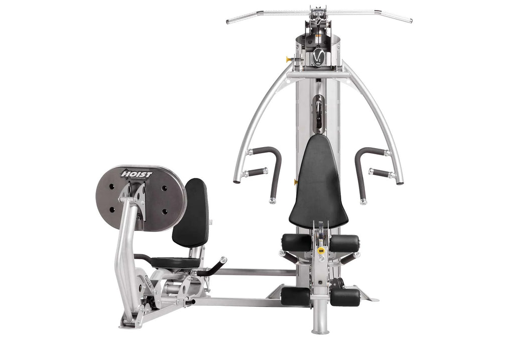 Hoist V1-Elite Home Gym with silver frame, black seat and handles, dual weight stacks, front and side view on white backgroun