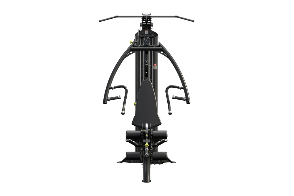 Black Hoist V1-Elite home gym machine with curved frame, padded seat, dual handles, and foot platform on white background