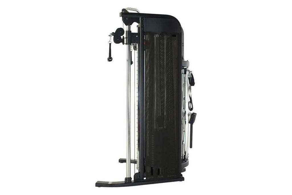 Black and silver Inspire Fitness FT1 functional trainer with dual cable towers and adjustable pulleys on white background