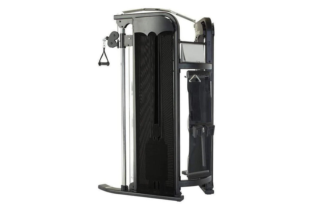 Inspire Fitness FT1 functional trainer with dual weight stacks, black mesh panels, silver frame, and cable attachment system 