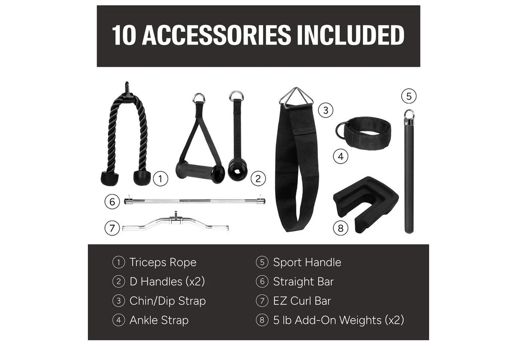 Ten black fitness accessories displayed on white background including triceps rope, D handles, chin strap, ankle strap, sport