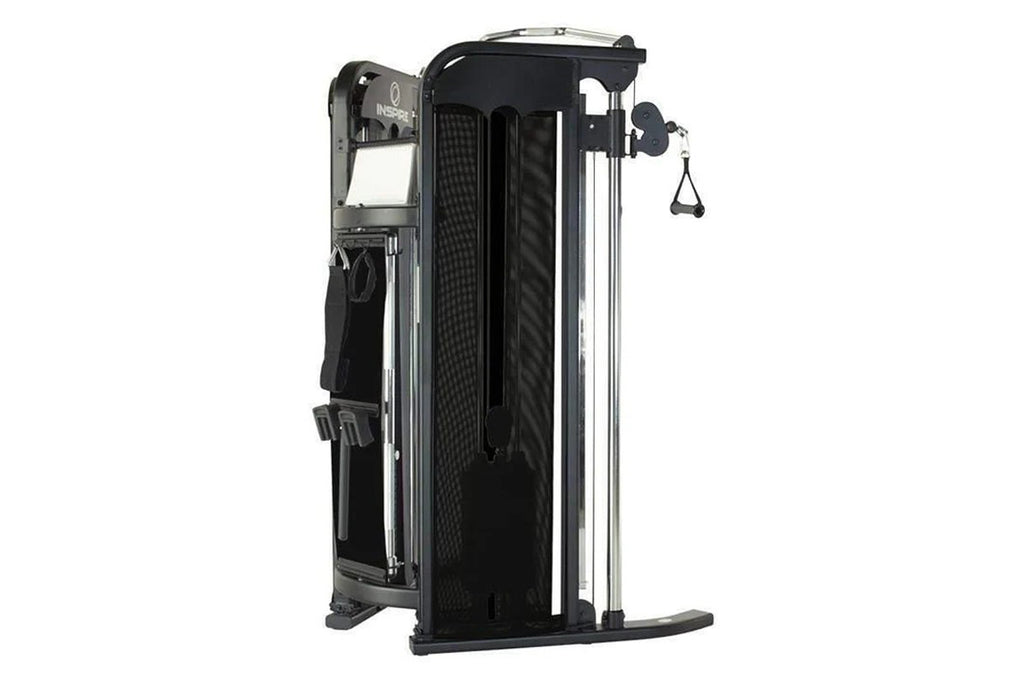 Inspire Fitness FT1 Functional Trainer with dual cable stations, black frame, and adjustable pulleys on white background