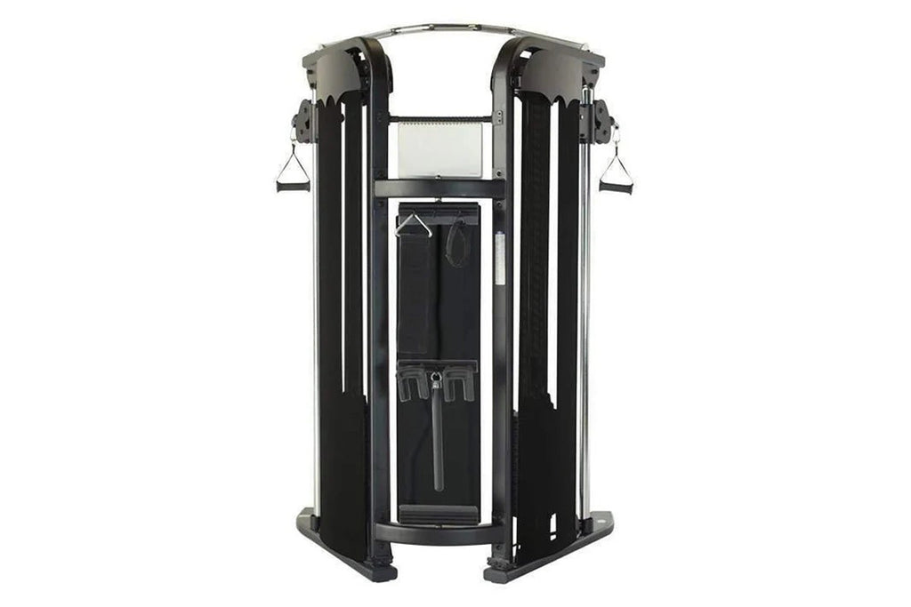 Black and gray dual-stack functional trainer with cable machines, weight plates, and overhead pulley system on white backgrou