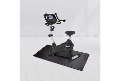 Landice U7 upright exercise bike with black frame, silver support column, digital display console, and padded seat on white b