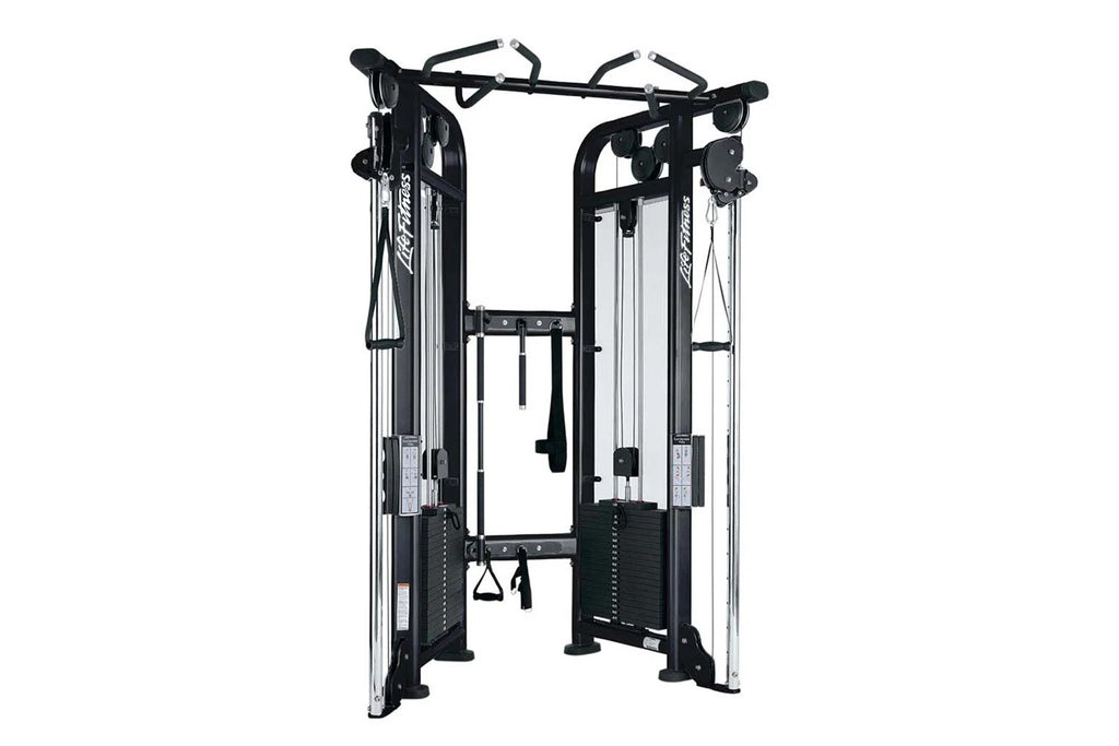 Life Fitness Signature Series black and silver dual adjustable pulley machine with cable systems and handles on white backgro