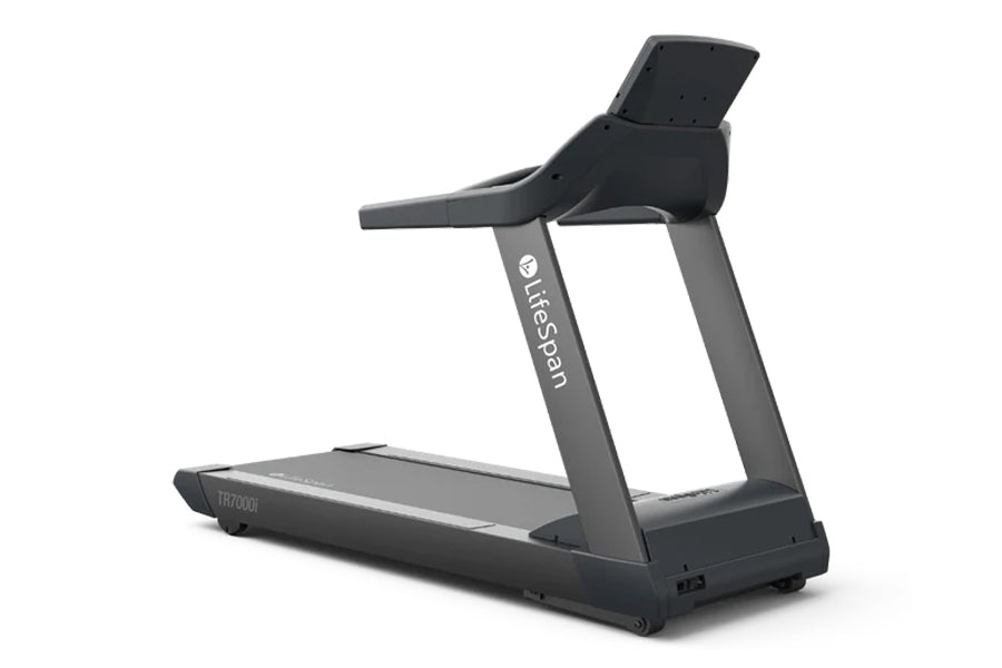 LifeSpan TR7000iM commercial treadmill with black cushioned running deck, gray frame, and adjustable console on white backgro