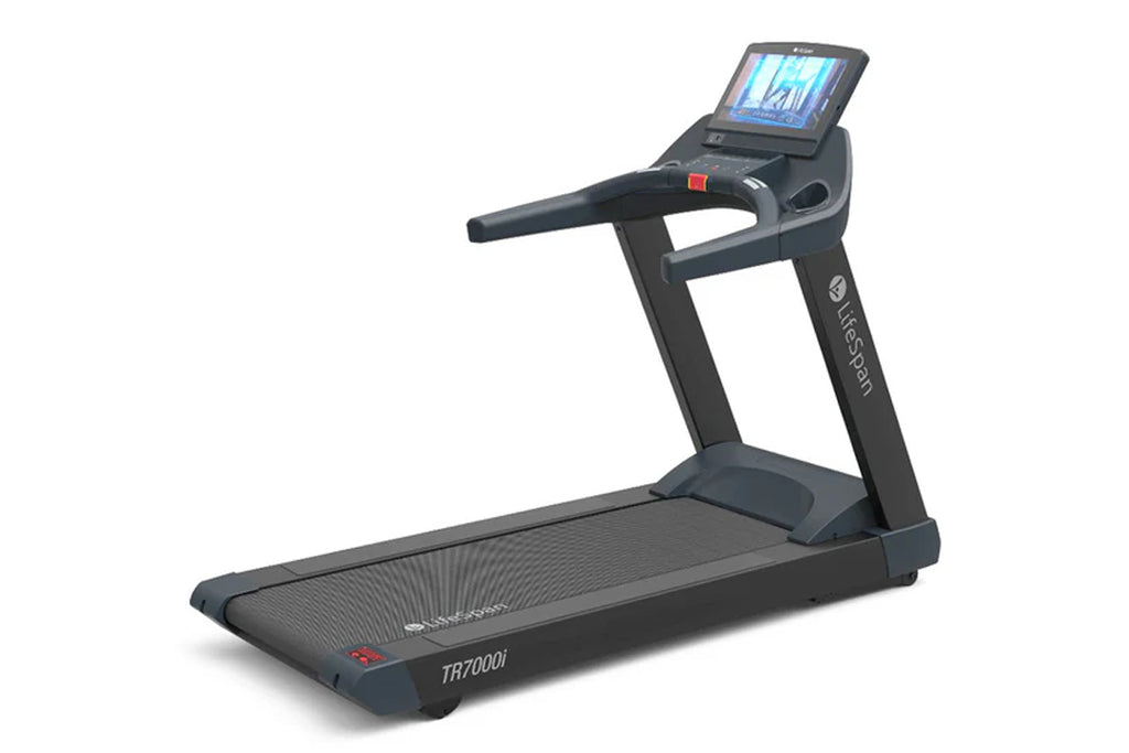 Black LifeSpan TR7000i commercial treadmill with digital display screen, handrails, and cushioned running deck on white backg