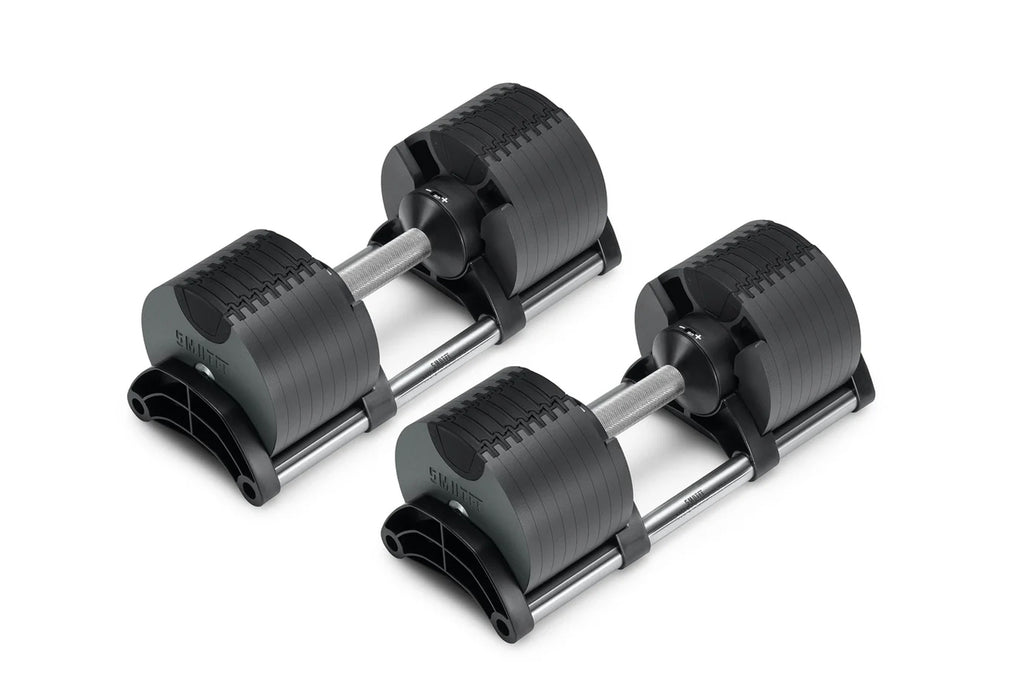 Pair of black adjustable dumbbells with metal handles and weight plates on white background