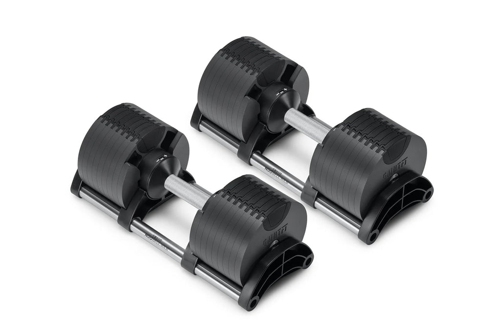 Pair of black adjustable dumbbells with metal handles and weight plates on white background
