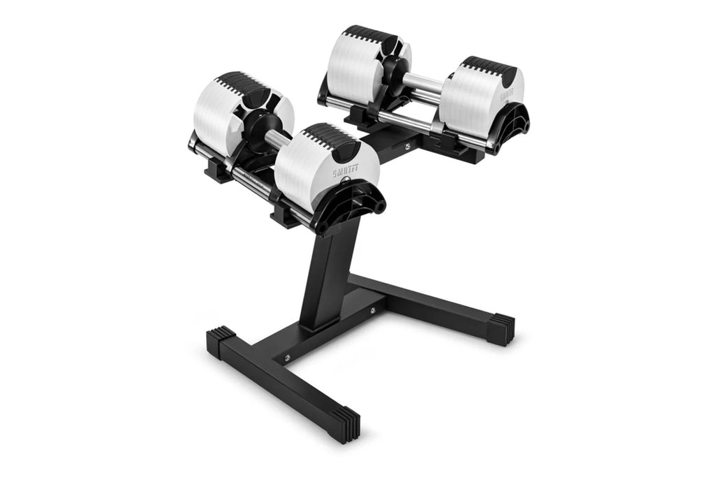 NÜOBELL 80lb adjustable dumbbells in ash and black with chrome rods on weight rack stand, displayed on white background