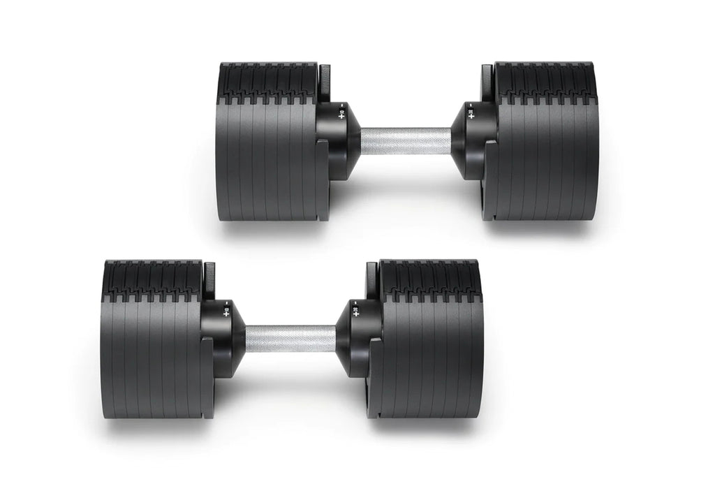 Pair of black adjustable dumbbells with ribbed rubber heads and gray metal handles on white background
