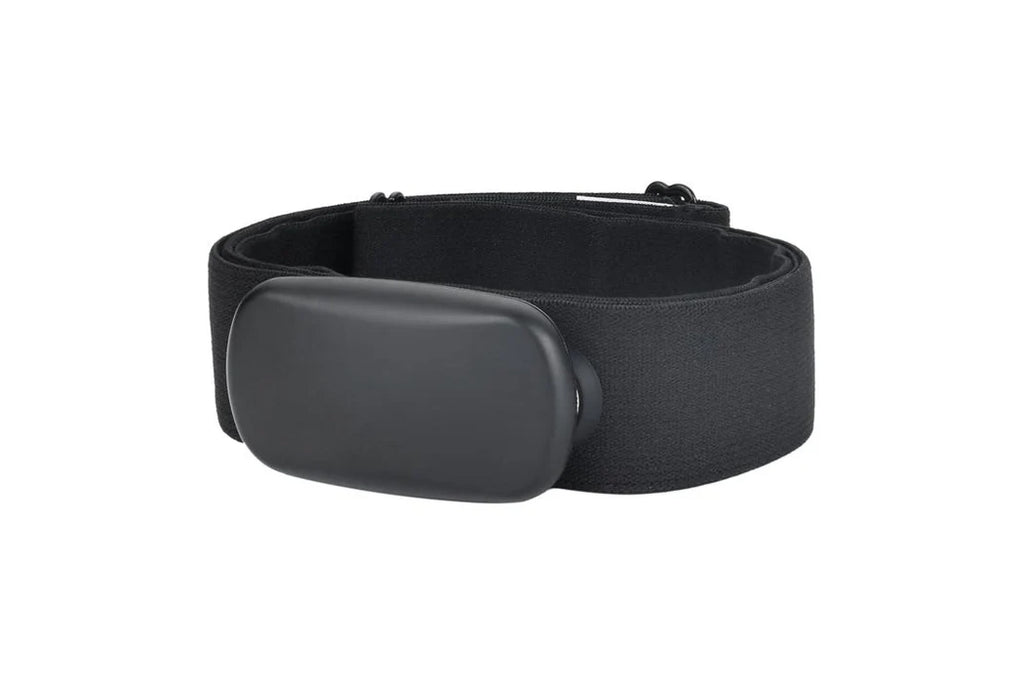 Black fabric armband with rounded matte black buckle, flat lay on white background