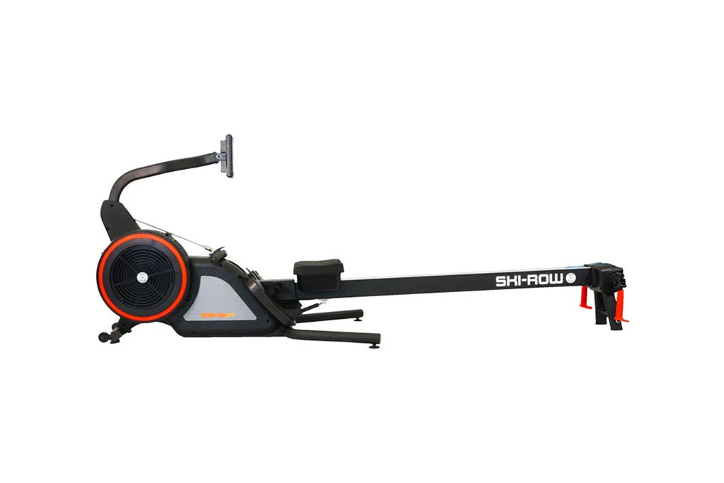 Ski-Row Air+PWR rowing machine with black frame, red flywheel, and extended rail on white background