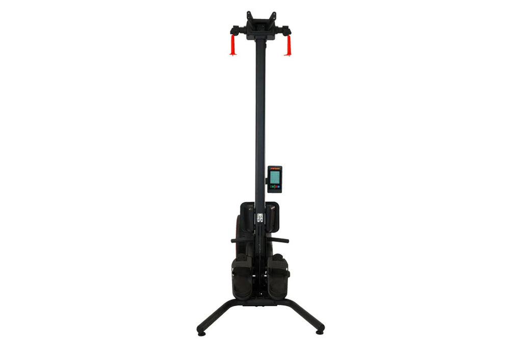Black ski-row air rowing machine with digital display, red handles, and tripod base on white background