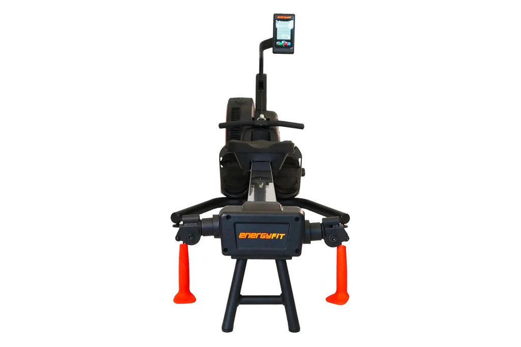 SKI-ROW AIR+PWR black and red rowing machine with digital monitor display and adjustable foot pedals on white background