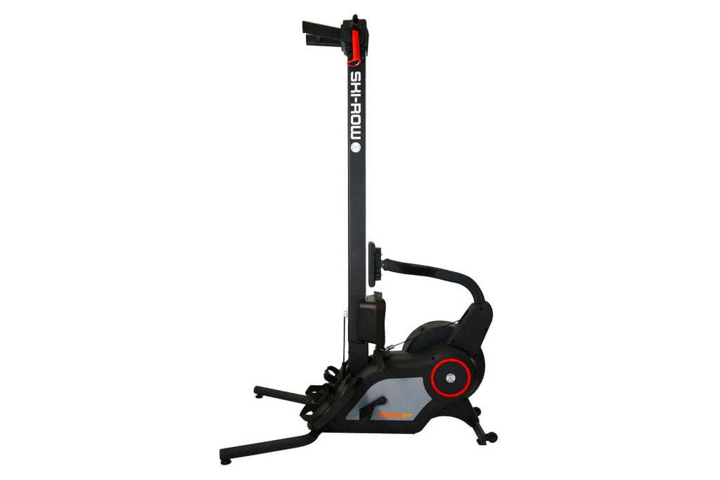 Black and gray rowing machine with red accents, tall vertical monitor arm, and extended footrest on white background