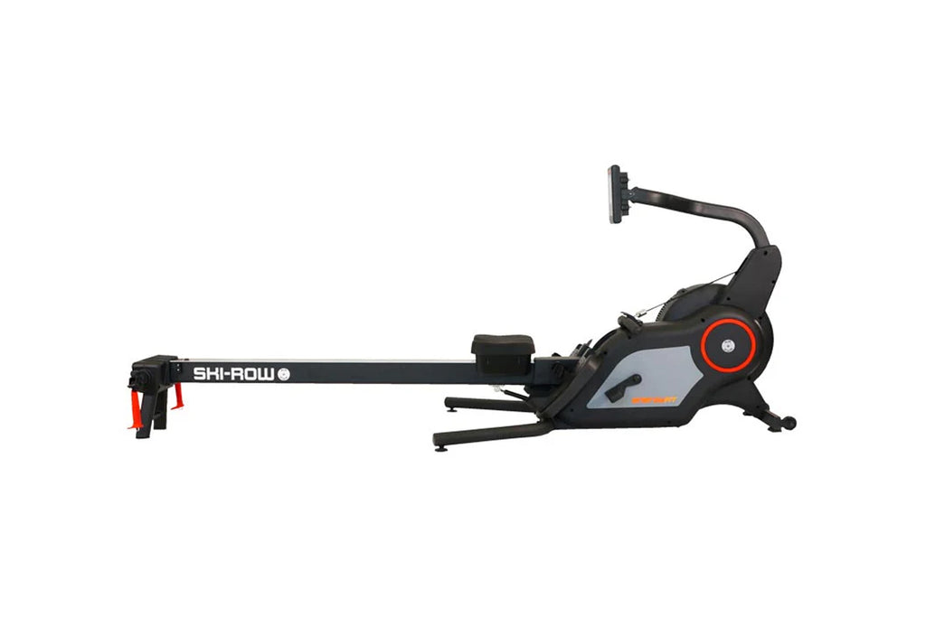 Ski-Row Air+PWR rowing machine with black frame, gray accents, red resistance dial, and extended rowing arm on white backgrou